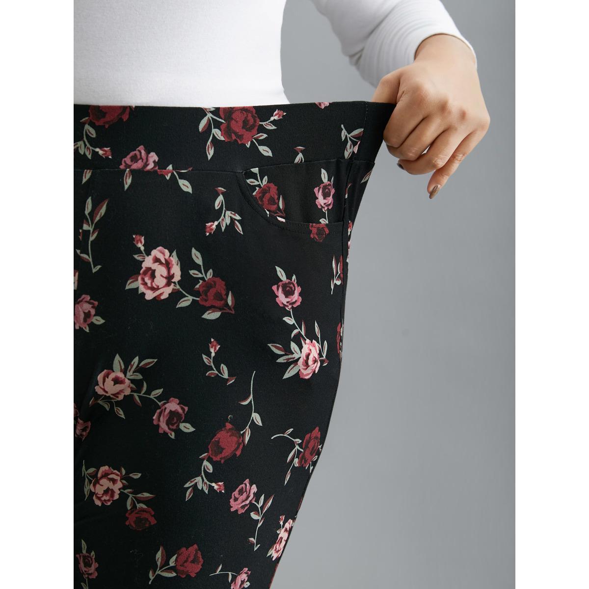 Plus Size Floral Mid-Rise Bootcut Pants Women BlackFlower Elegant High stretch Bootcut Mid Rise Everyday Leggings BloomChic 12/L Product Image