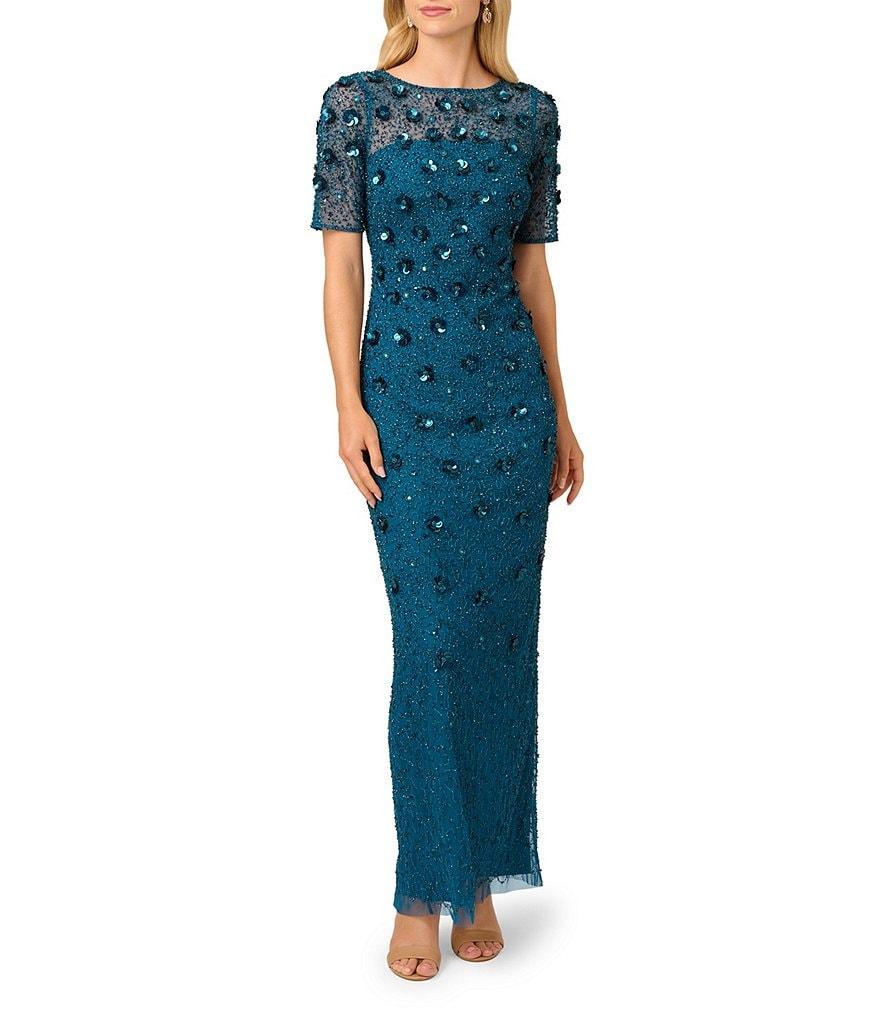 Adrianna Papell Floral Beaded Mesh Round Neck Short Sleeve Gown Product Image