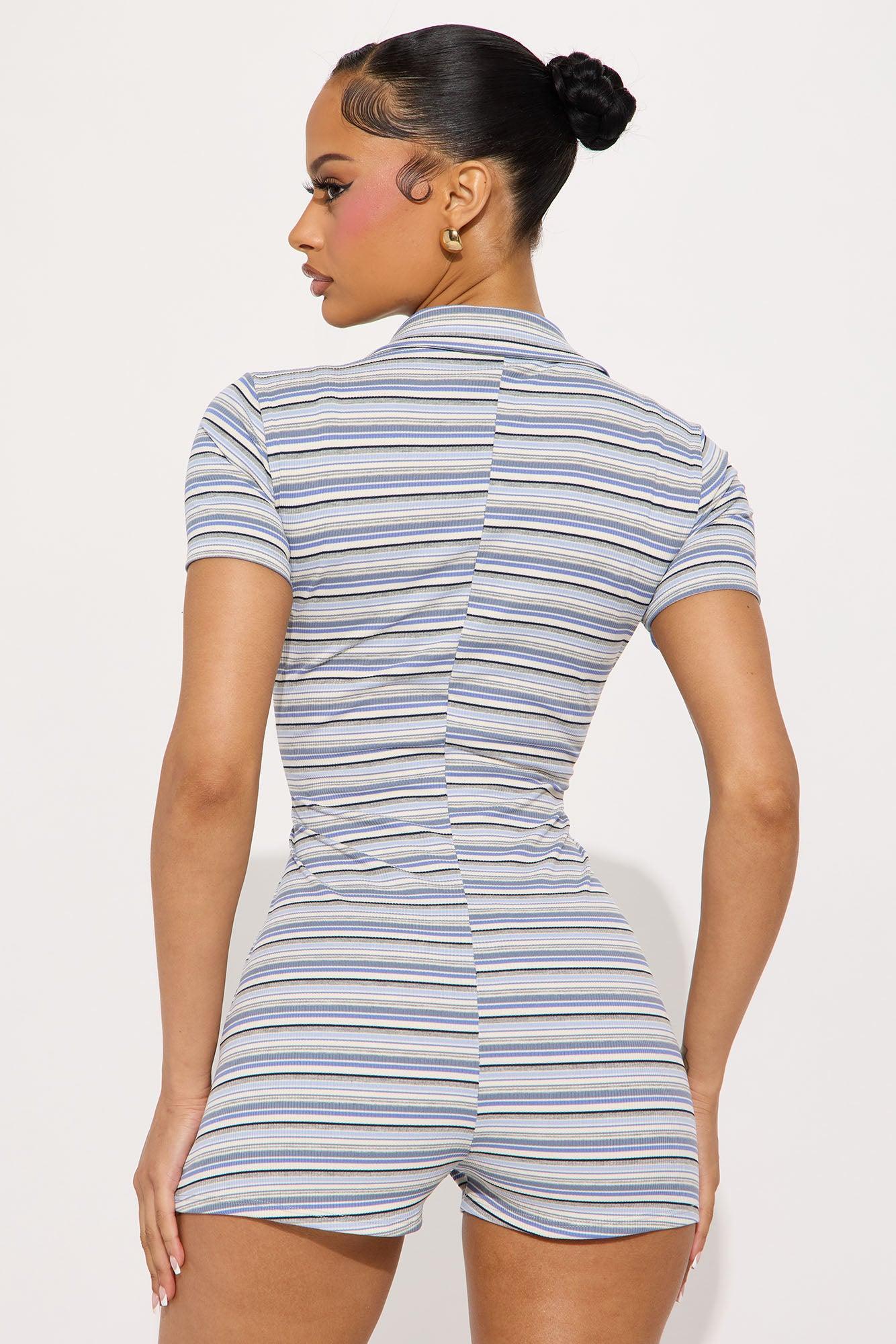 Belinda Ribbed Stripe Zip Up Romper - Blue/combo Product Image