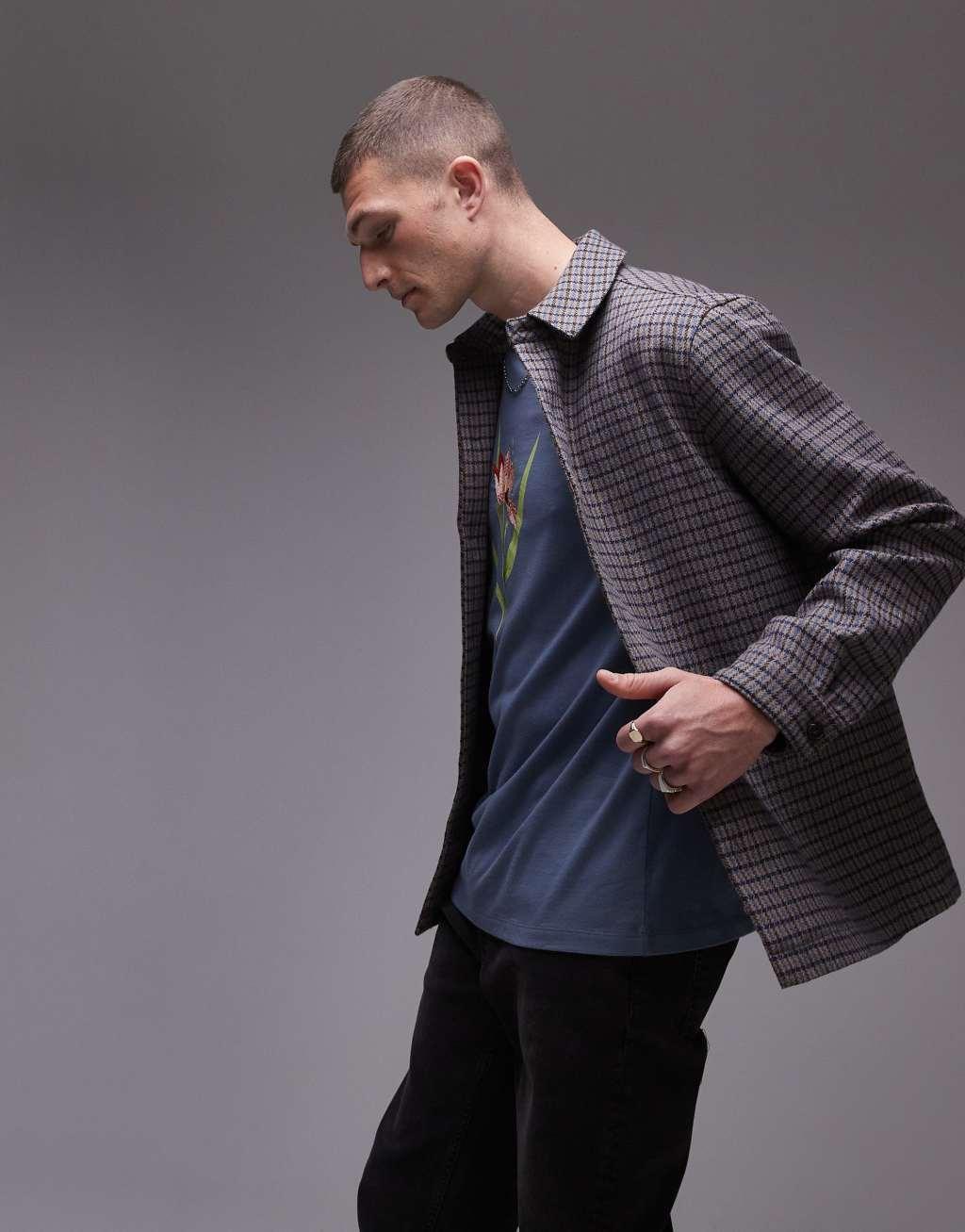Topman long sleeve plaid overshirt in brown Product Image
