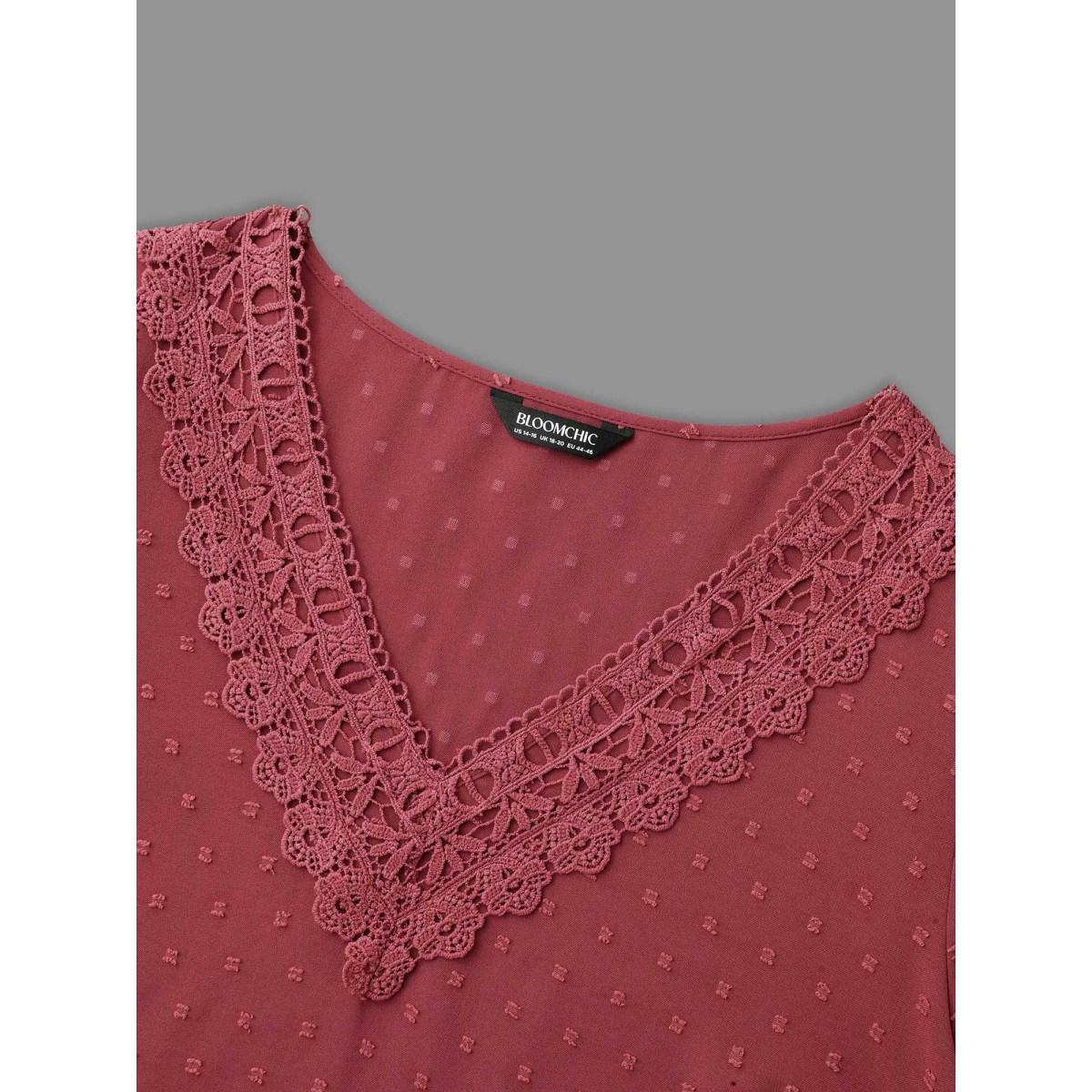 Plus Size Russet Lace Trim V-Neck Textured Blouse Women Elegant Long Sleeve V-neck Everyday Blouses BloomChic 14-16/1X Product Image
