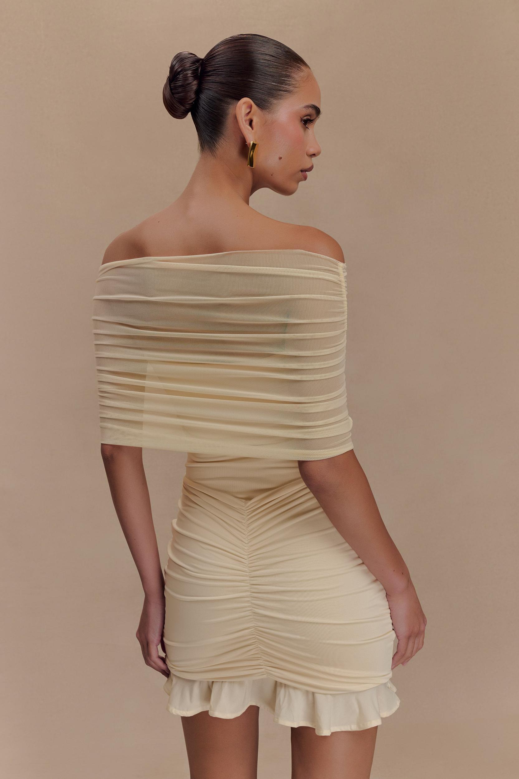 Caspian Slinky And Mesh Off Shoulder Mini Dress - Ivory Product Image