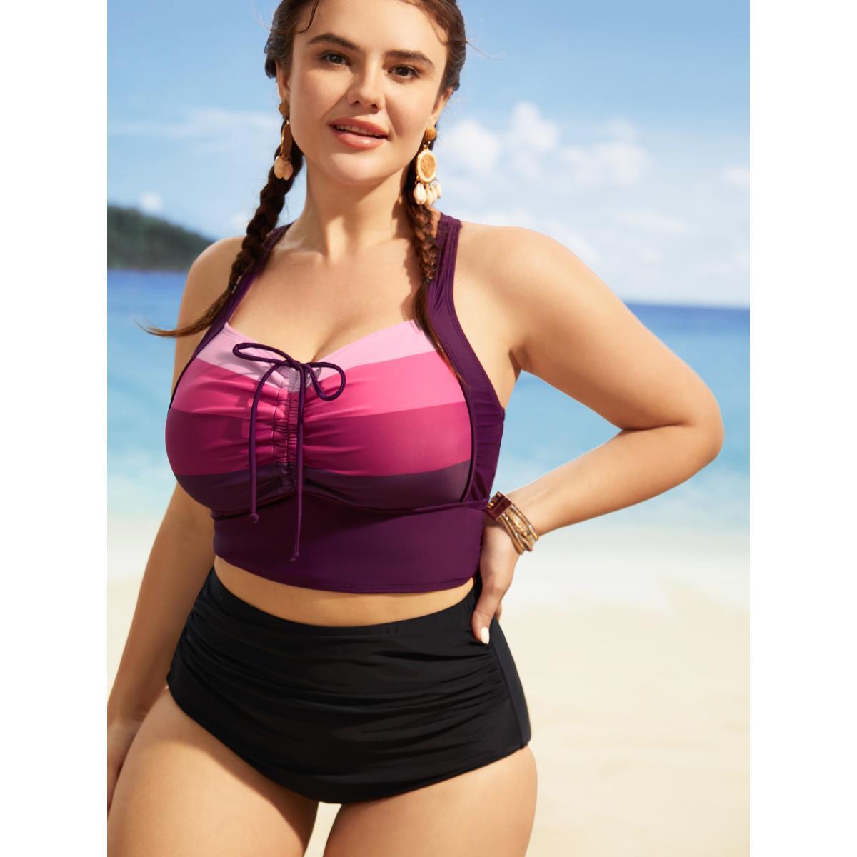 Plus Size Colorblock Contrast Drawstring Gathered Swim Top Women's Swimwear Deeppurple Beach Gathered High stretch Skinny Heart neckline Curve Swim Tops BloomChic 18-20/2X Product Image