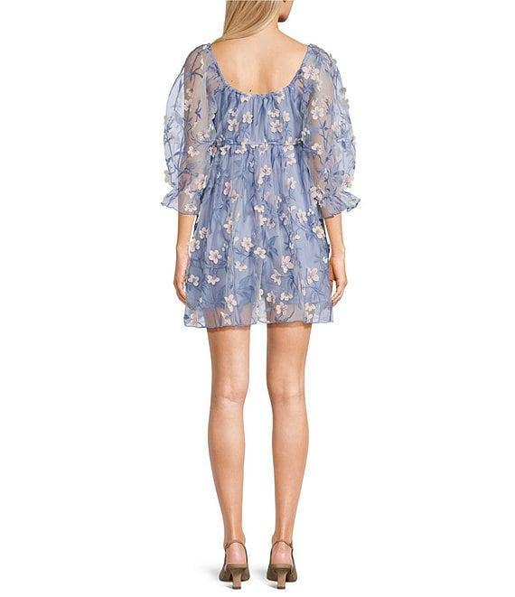 Allison & Kelly Floral Mesh Square Neck Embellished 3/4 Sleeve Babydoll Dress Product Image