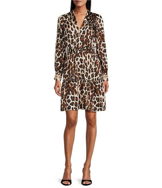 Anne Klein Leopard Print V-Neck Satin Long Sleeve Tiered Dress Product Image