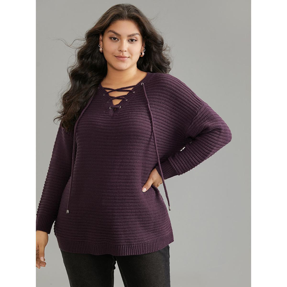 Plus Size Lace Up Plain Plisse Pullover Purple Women Casual Loose Long Sleeve V-neck Dailywear Pullovers BloomChic 14-16/1X Product Image