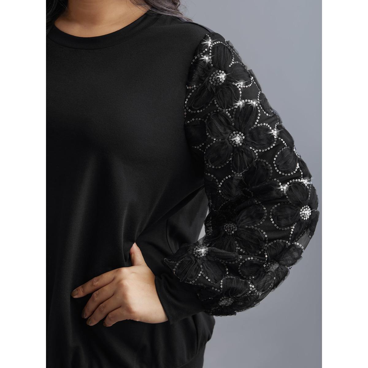 Plus Size Floral Sequin Mesh Patchwork Sweatshirt Women Black Elegant Patchwork Round Neck Everyday Sweatshirts BloomChic 30/6X Product Image