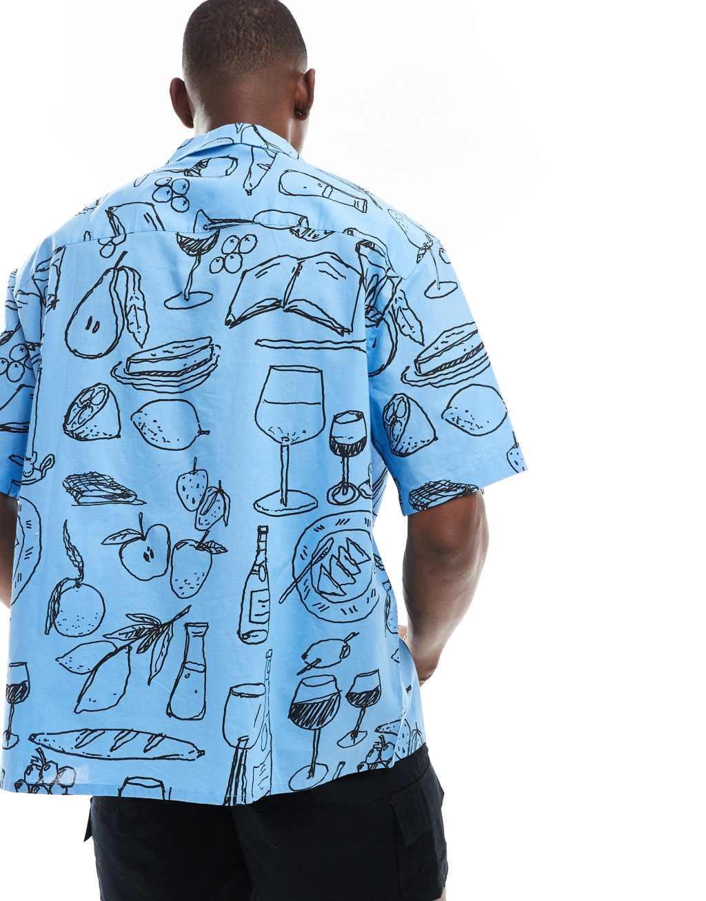 ASOS DESIGN oversized camp collar shirt with dining scene print in blue Product Image