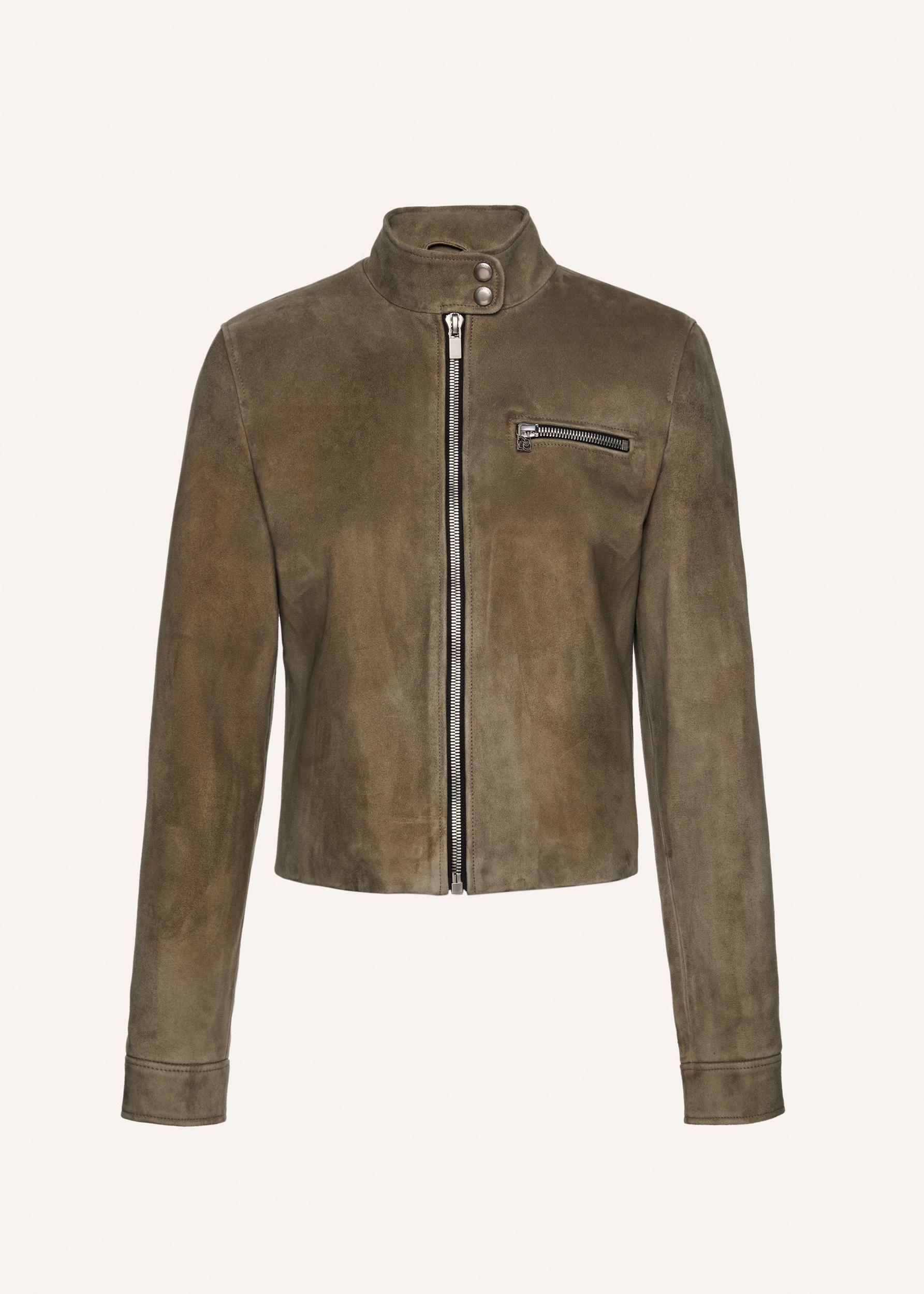 Fitted leather moto jacket in green suede Product Image