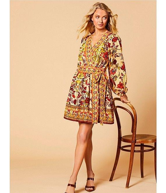 A Loves A Woven Floral Print Surplice V-Neck Long Bubble Sleeve A-Line Wrap Above the Knee Dress Product Image