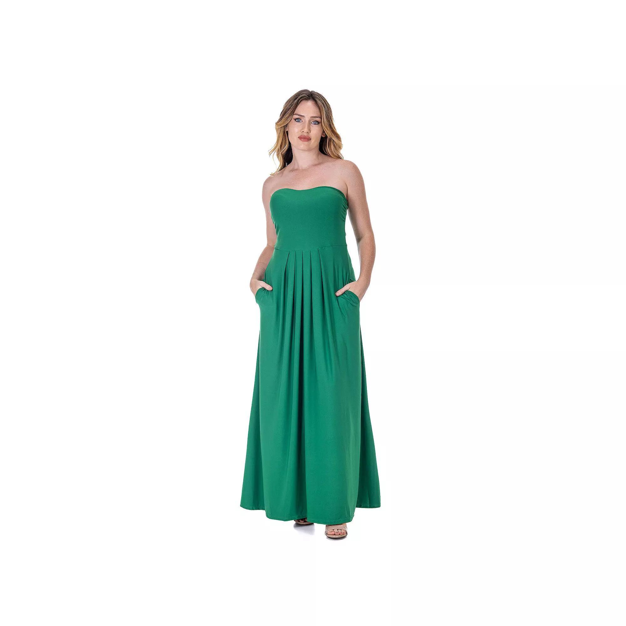 Women's 24Seven Comfort Apparel Pleated A Line Strapless Maxi Dress With Pockets, Size: Small, Blue Product Image