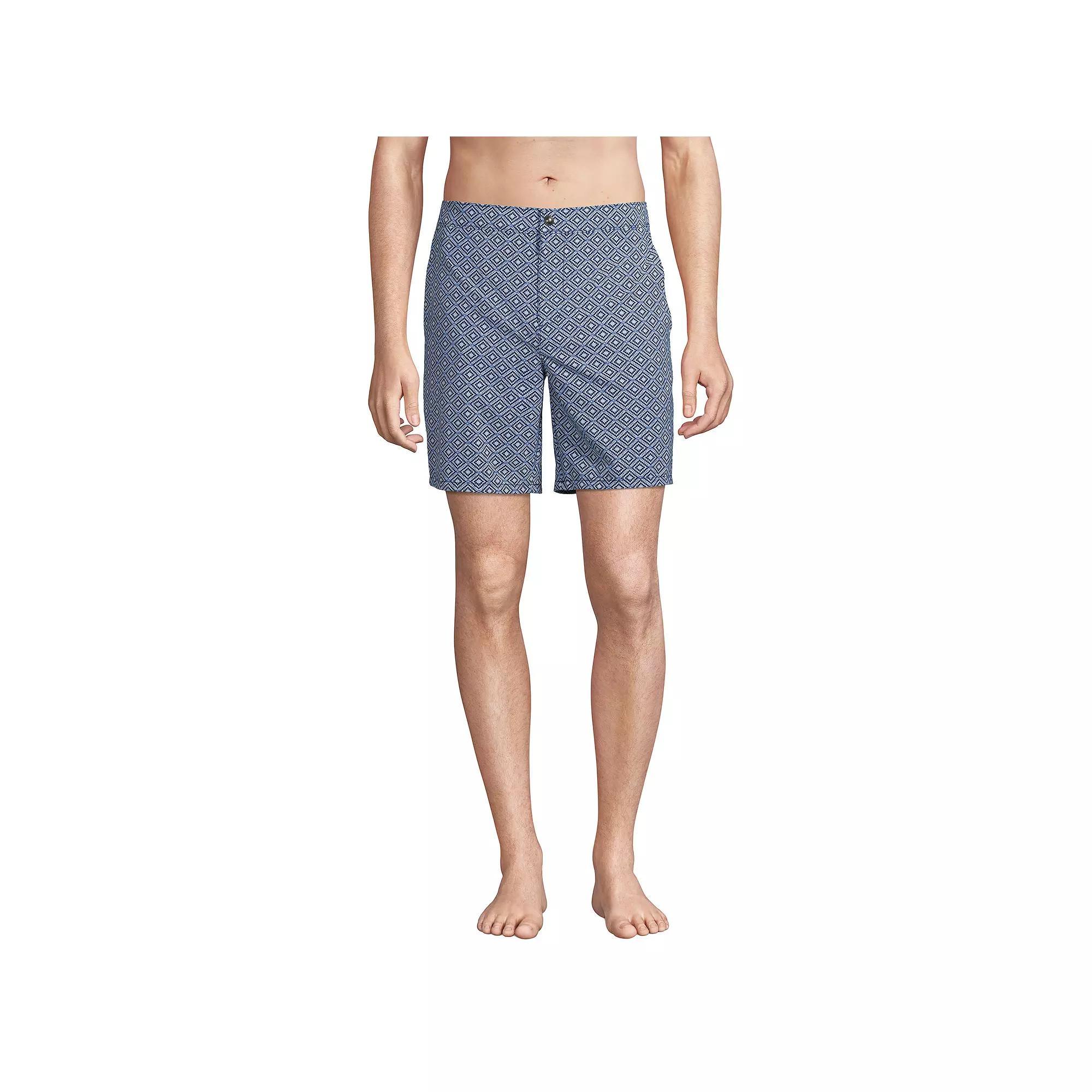 Men's Lands' End 7" Sunset Swim Trunks, Size: XXL, Deep Blue Diamond Geo Product Image