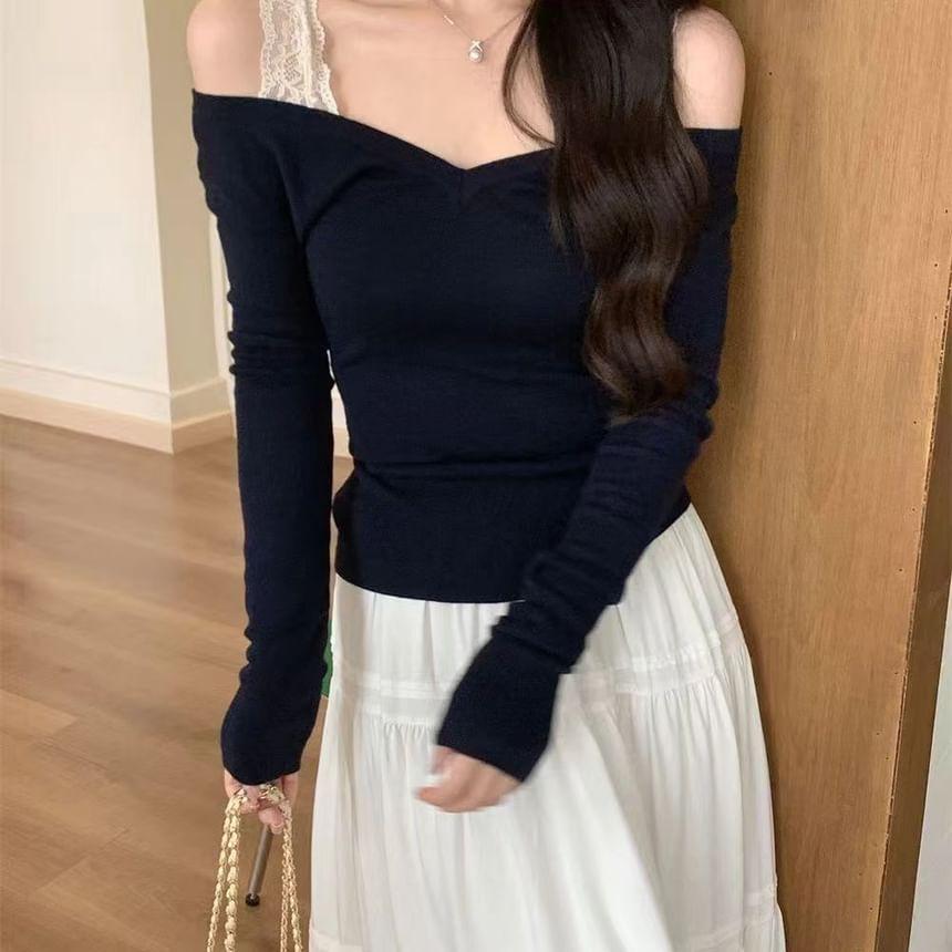 Mock Two-Piece Long-Sleeve Cold-Shoulder Lace Panel Knit Top Product Image