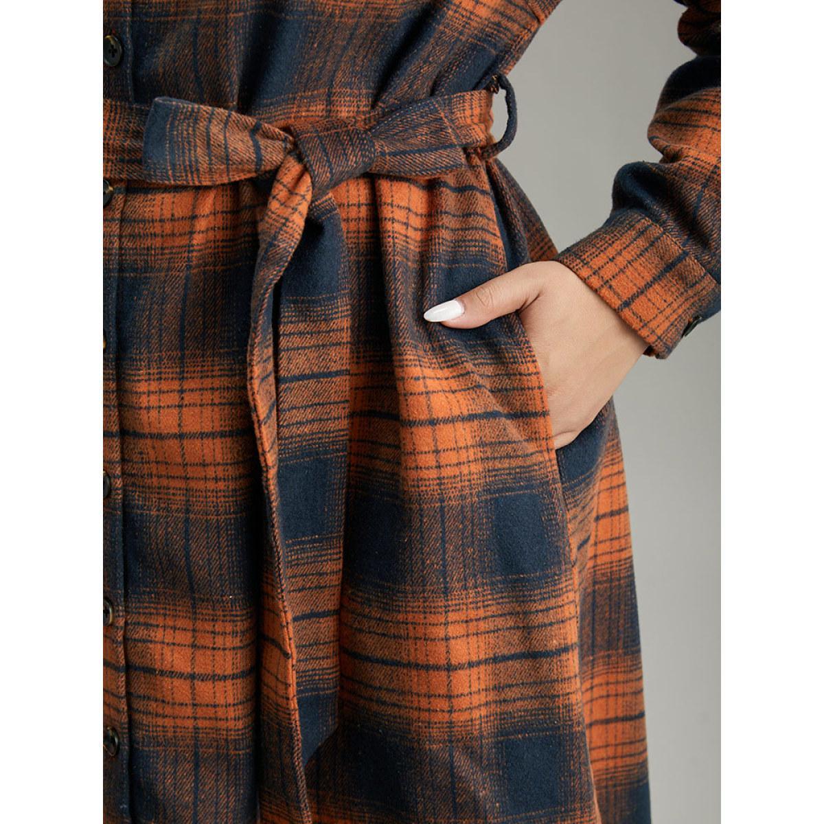 Plus Size Plaid Shirt Collar Belted Button Through Dress Rust Women Casual Belted Shirt collar Long Sleeve Curvy Midi Dress BloomChic 30/6X Product Image