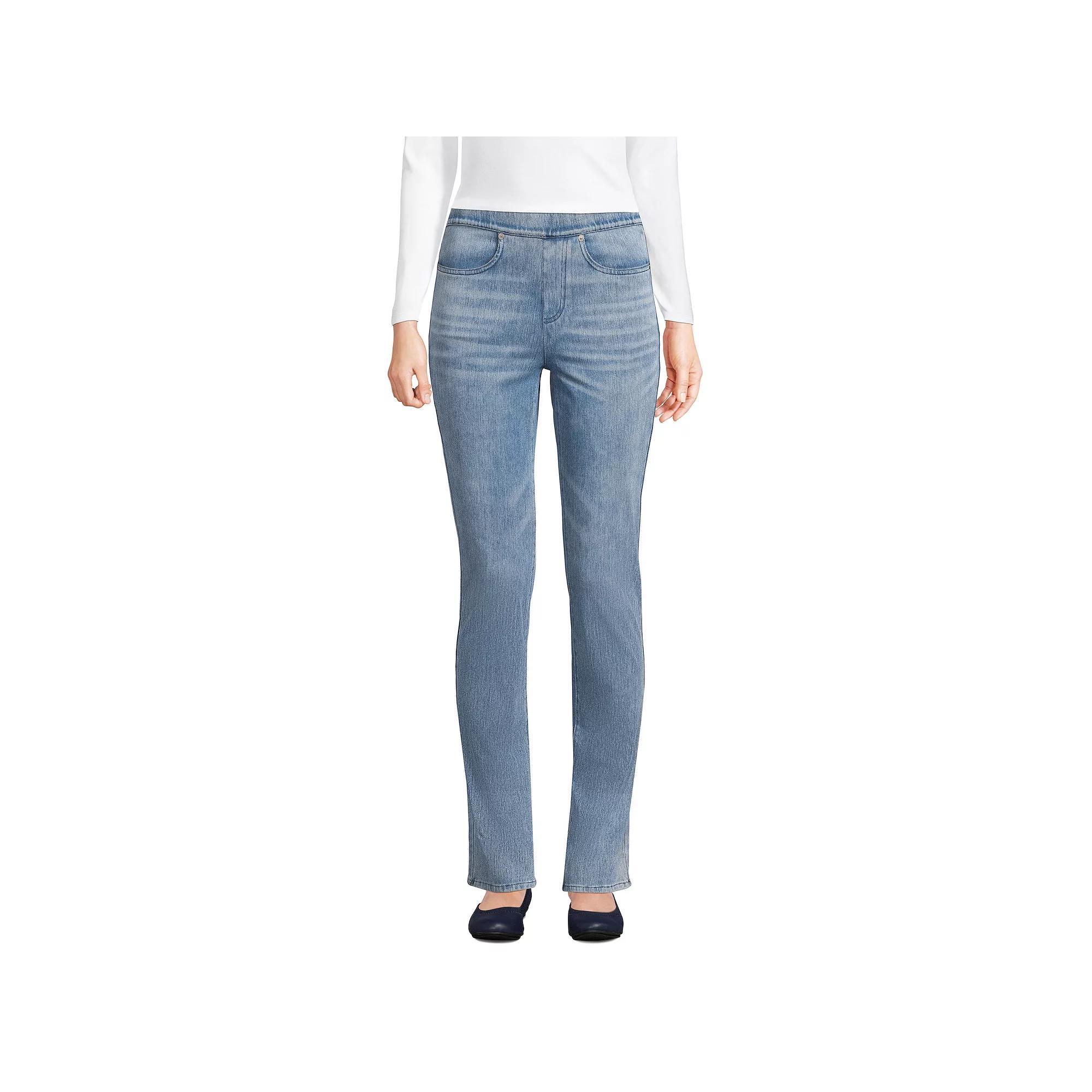 Petite Lands' End Starfish Mid-Rise Pull-On Straight Jeans, Women's, Size: Medium Petite, Medium  Blue Product Image