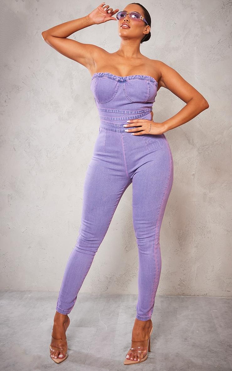 Shape Purple Acid Wash Cup Detail Tie Back Denim Jumpsuit Product Image