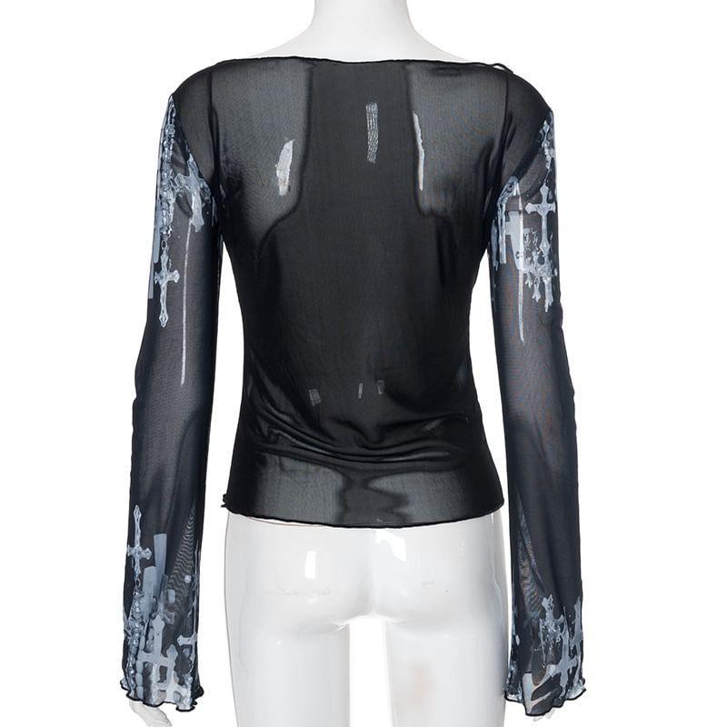 Long-Sleeve Boat Neck Cross Print See-Through Mesh Top Product Image