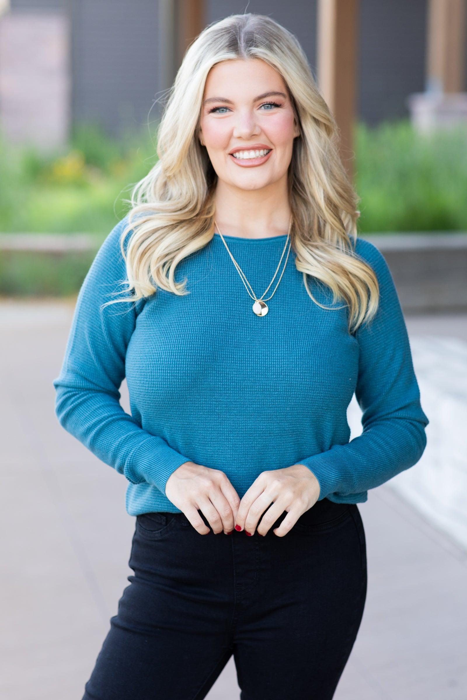 Teal Raglan Sleeve Waffle Knit Top Product Image