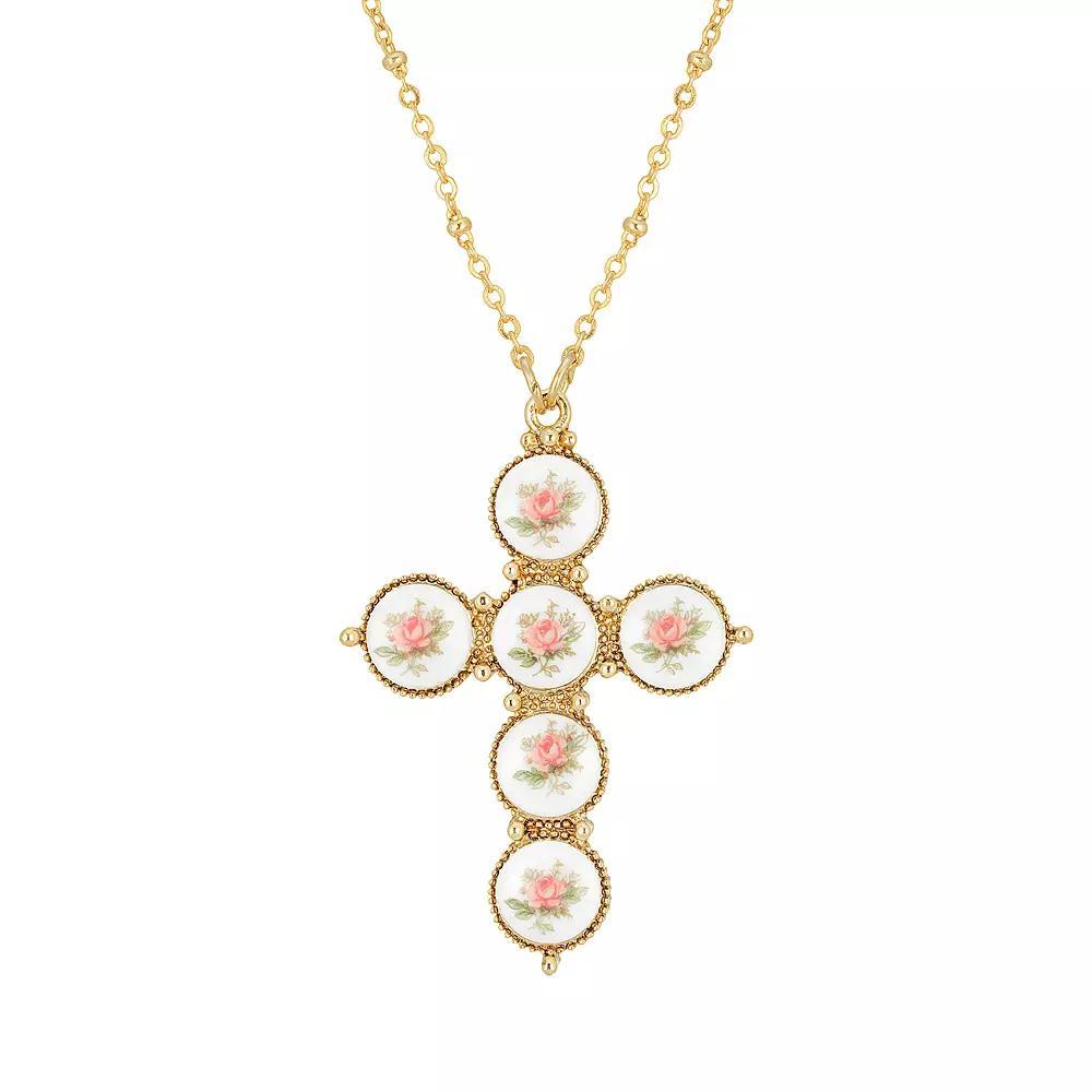 1928 Gold Tone Pink Flower Decal Cross Pendant Necklace, Womens Product Image