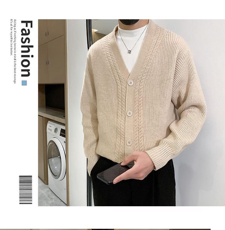 V-Neck Plain Cable Knit Cardigan Product Image