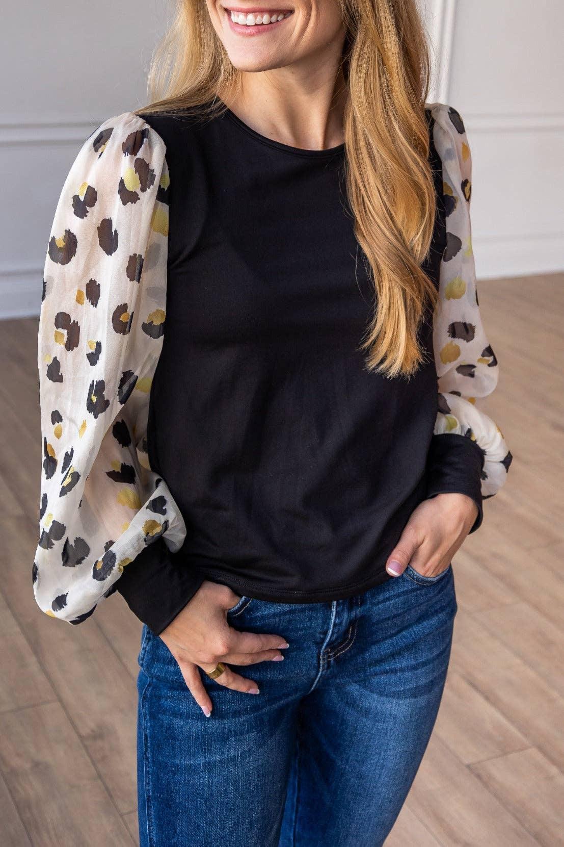 Leopard Dream Balloon Sleeve Top: Black Product Image