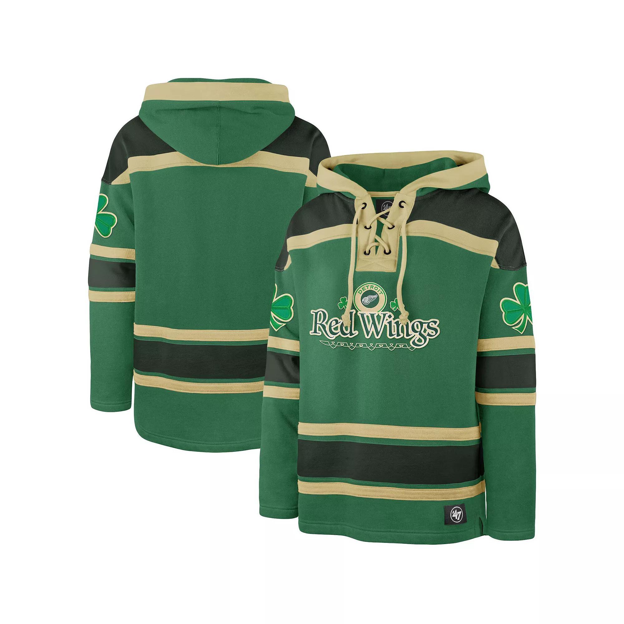 Men's '47  Kelly Green Detroit Red Wings St. Patrick's Day McLucky Superior Lacer Pullover Hoodie, Size: Large Product Image