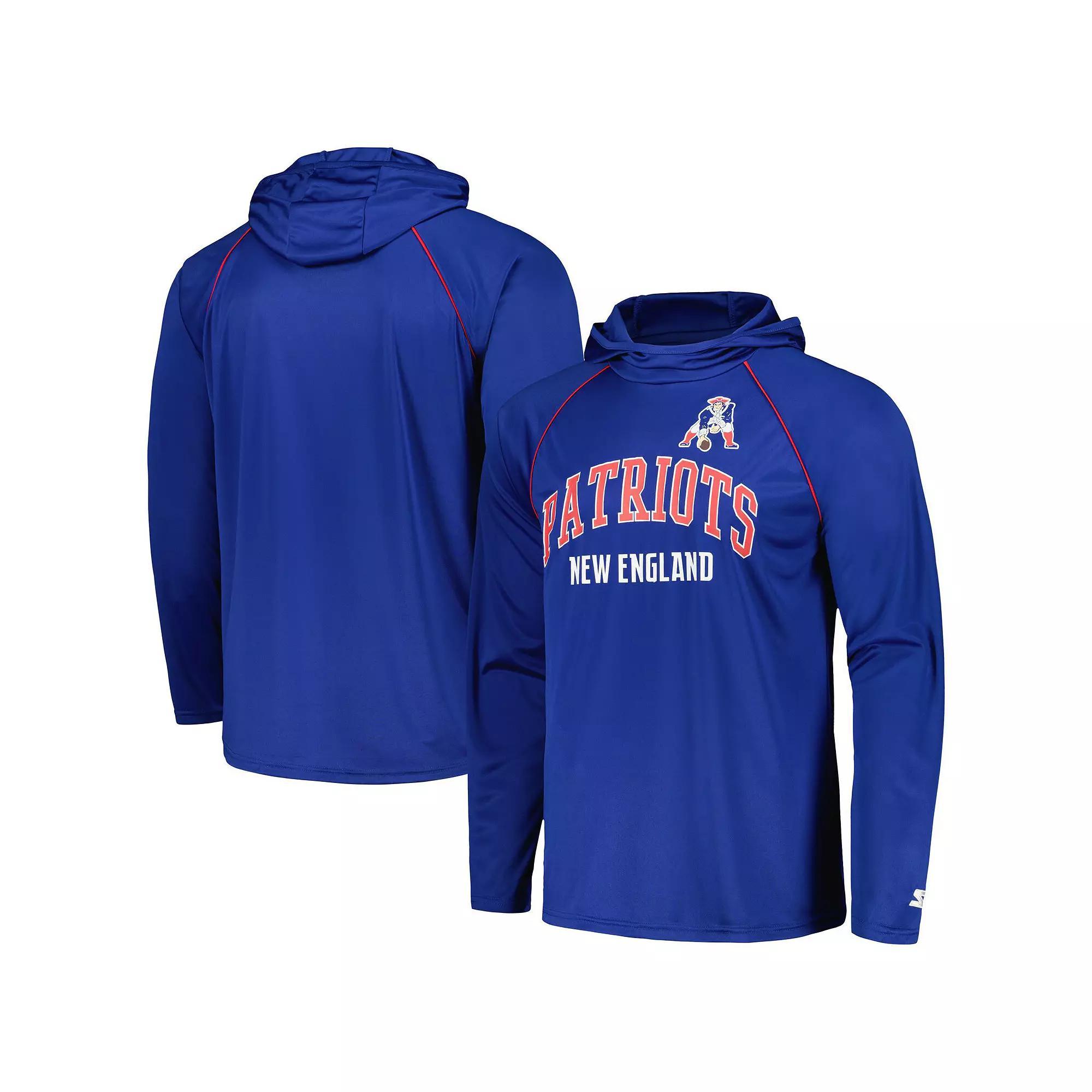 Men's Starter Royal New England Patriots Gridiron Classics Throwback Raglan Long Sleeve Hooded T-Shirt, Size: Small, Blue Product Image