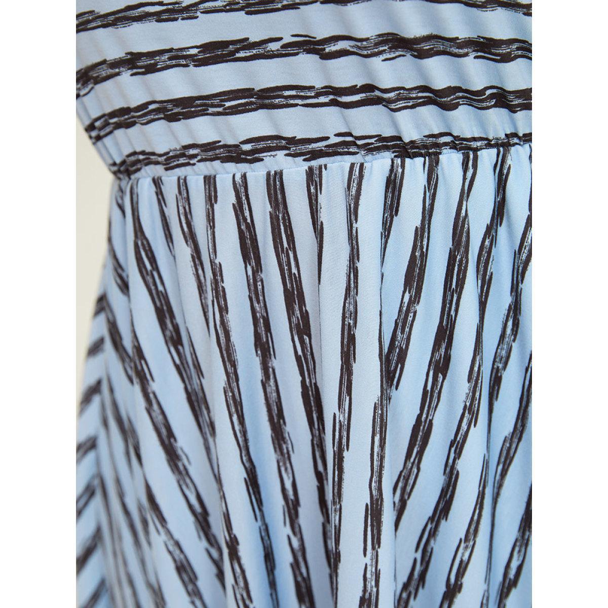 Plus Size Striped Print Hanky Hem Pocket V Neck Tank Dress Stone Women Elegant Gathered V-neck Sleeveless Curvy Midi Dress BloomChic 18-20/2X Product Image