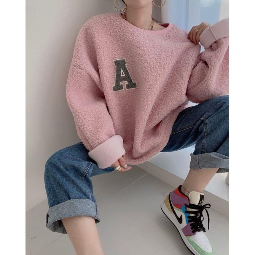 Round Neck Letter Embroidered Faux Shearling Oversized Sweatshirt Product Image