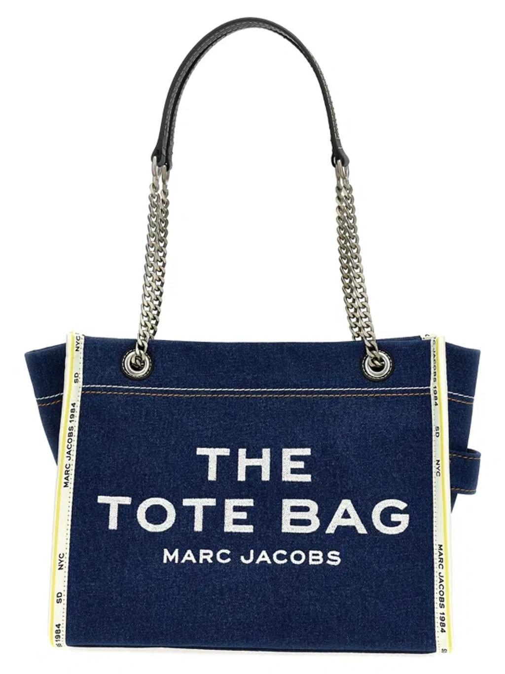 MARC JACOBS The Medium Tote In Blue Denim With Embroidered Logo In Dark Wash Product Image