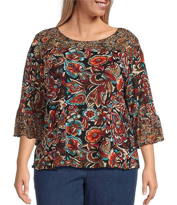 Intro Plus Size Soft Mesh Graphic Jacobean Print 3/4 Romantic Sleeve Top Product Image