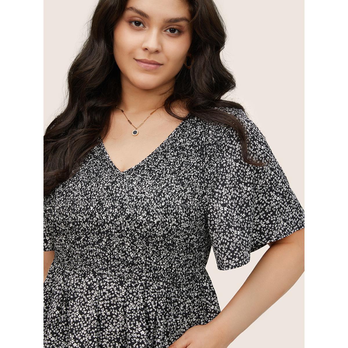 Plus Size Black Ditsy Floral Shirred Ruffle Sleeve Elastic Waist Blouse Women Elegant Short sleeve V-neck Everyday Blouses BloomChic 22-24/3X Product Image