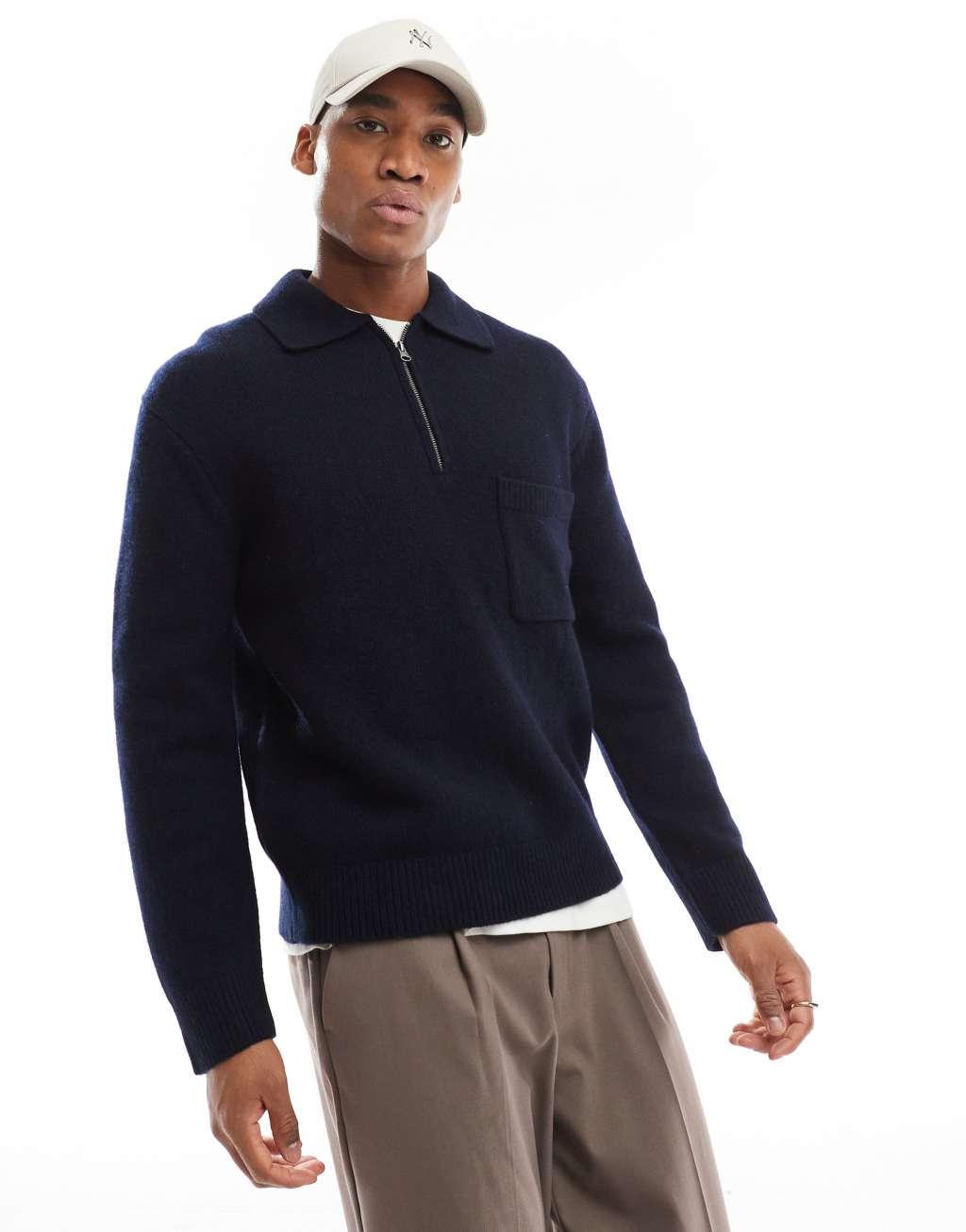 Scalpers Icon Ander Polo Tricot Sweater In Navy   Product Image