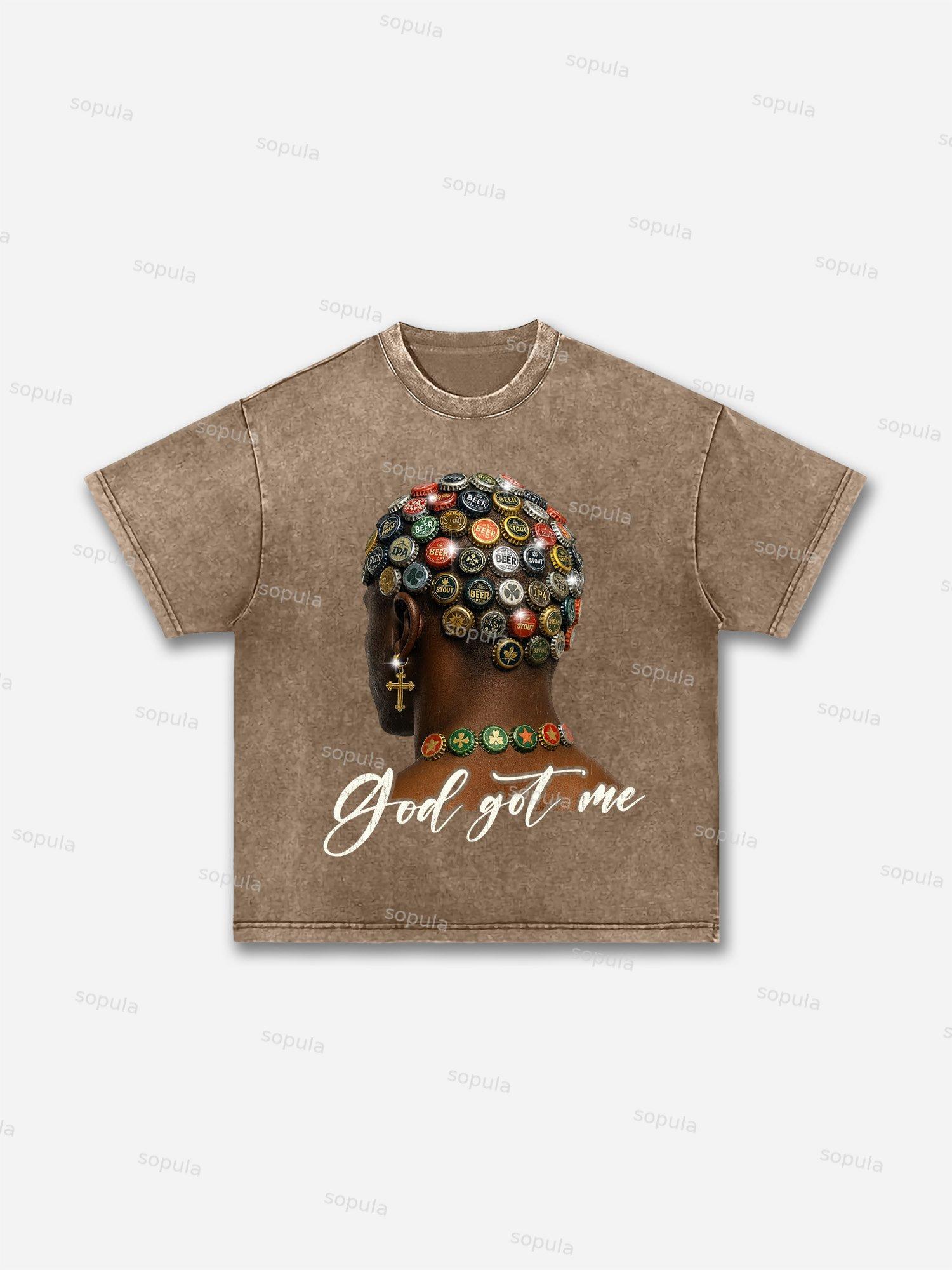 God Got Me Shining Cross And Beer Bottle Cap Hairstyle Vintage Graphic Acid Wash T-shirt Product Image
