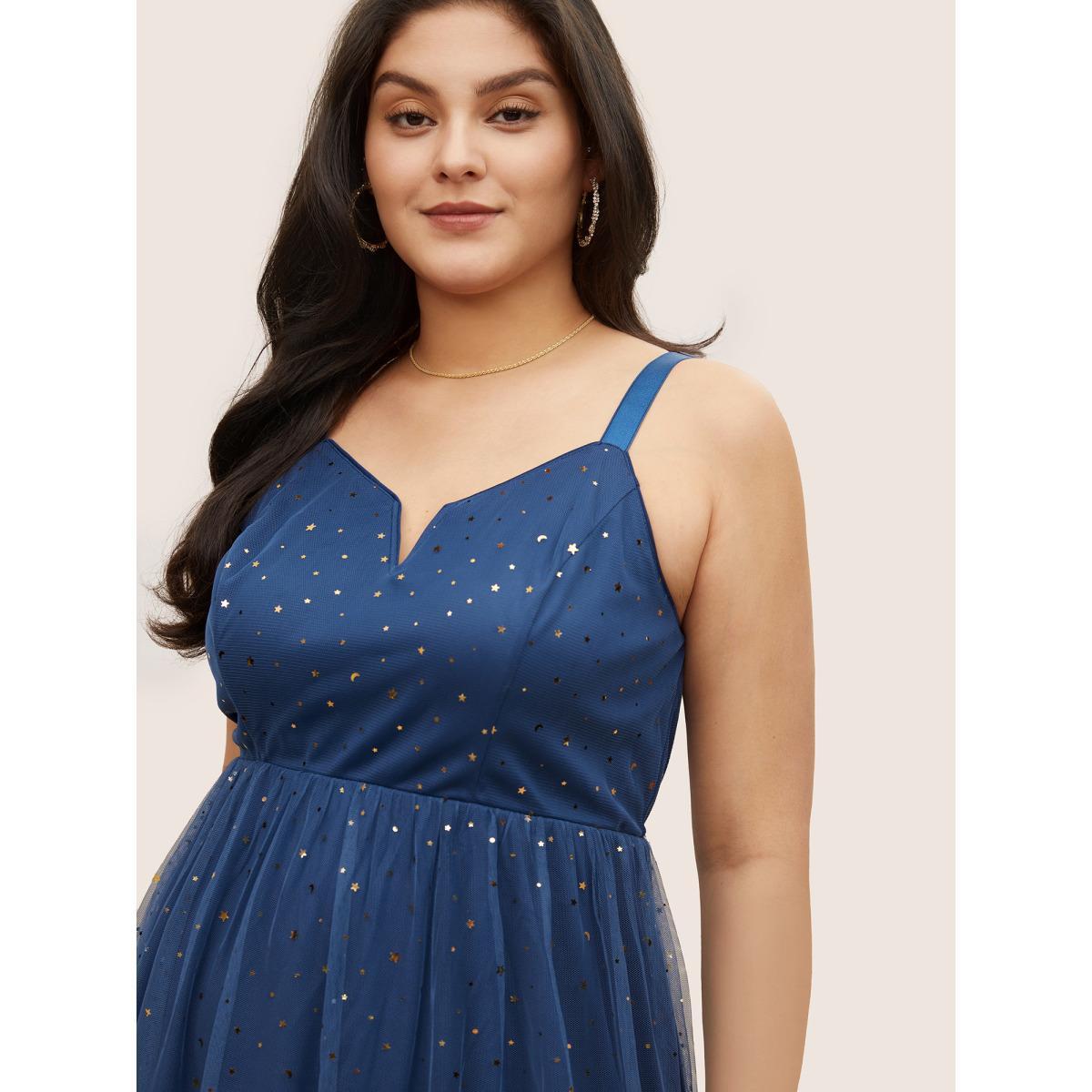 Plus Size Moon & Star Sequin Layered Hem Notched Cami Dress DarkBlue Women Cocktail Non Notched collar Sleeveless Curvy Midi Dress BloomChic 12/L Product Image
