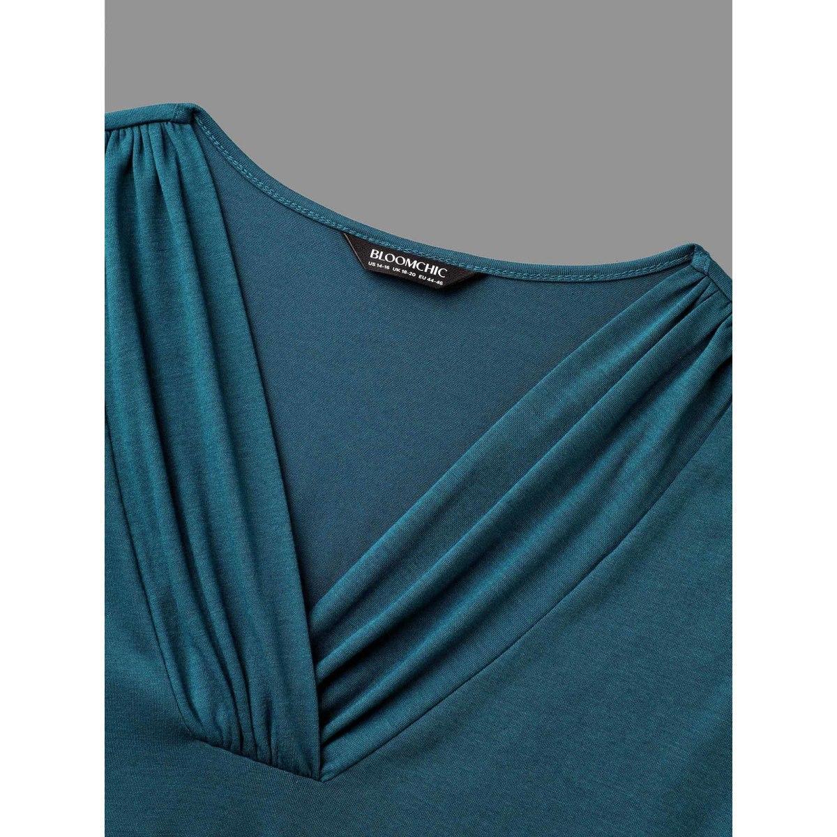 Plus Size V Neck Gathered Midi Knit Dress Aegean Women Casual Gathered Knit Dresses Bloomchic 10/M Product Image