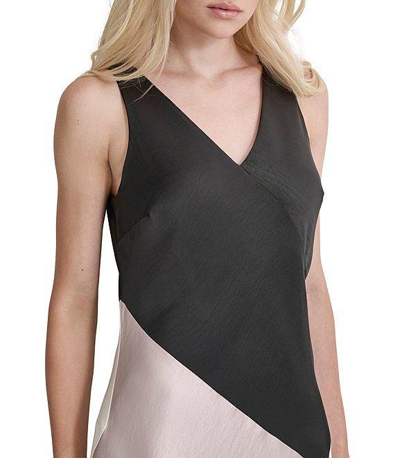 DKNY by Donna Karan Woven Color Block V-Neck Sleeveless Chemise Dress Product Image