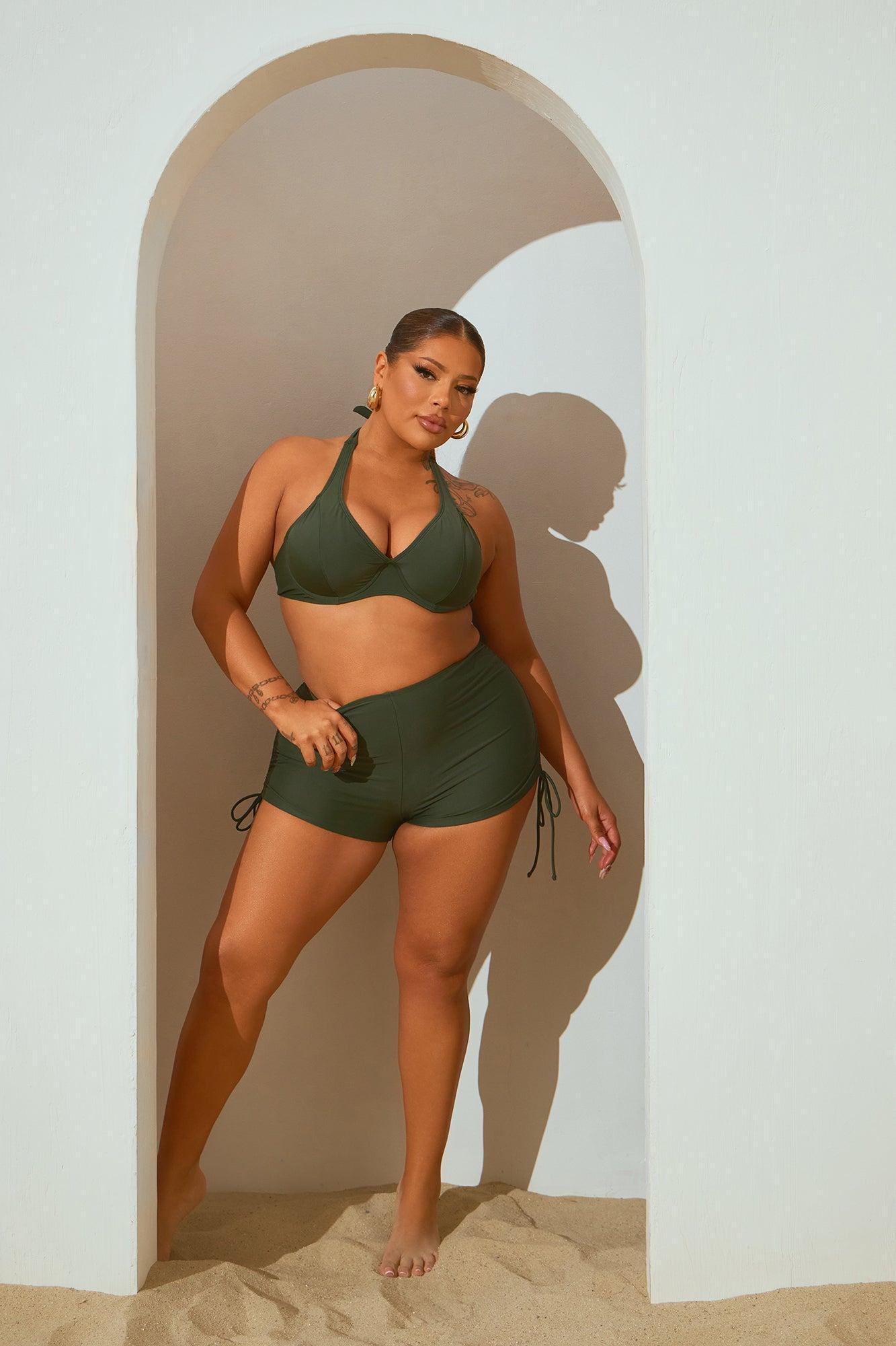 Maui Mix And Match Ruched Side Short Bikini Bottom - Olive Product Image