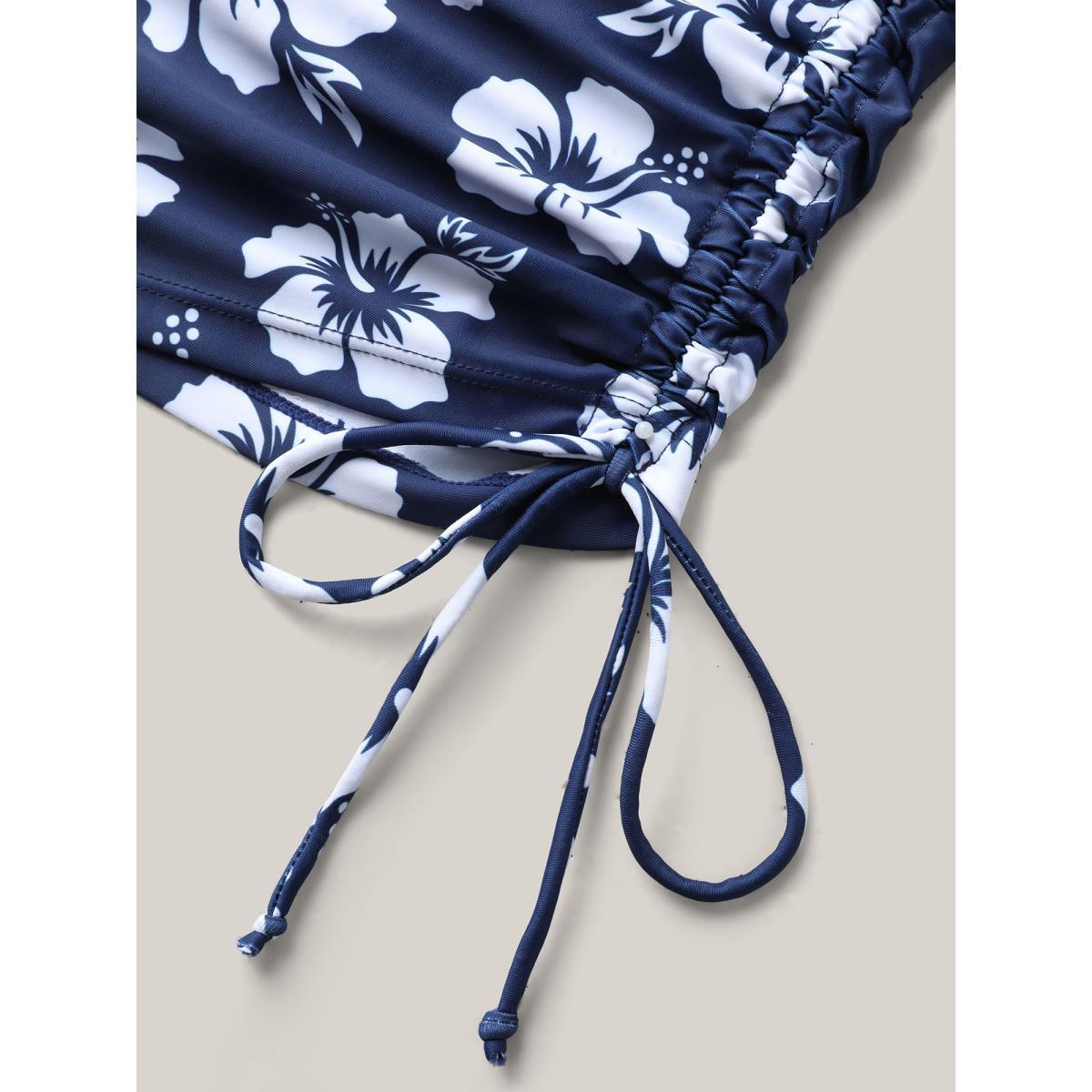 Plus Size Floral Print Adjustable Drawstring Swim Top Women's Swimwear Indigo Beach Drawstring High stretch Bodycon U-neck Curve Swim Tops BloomChic 12/L Product Image