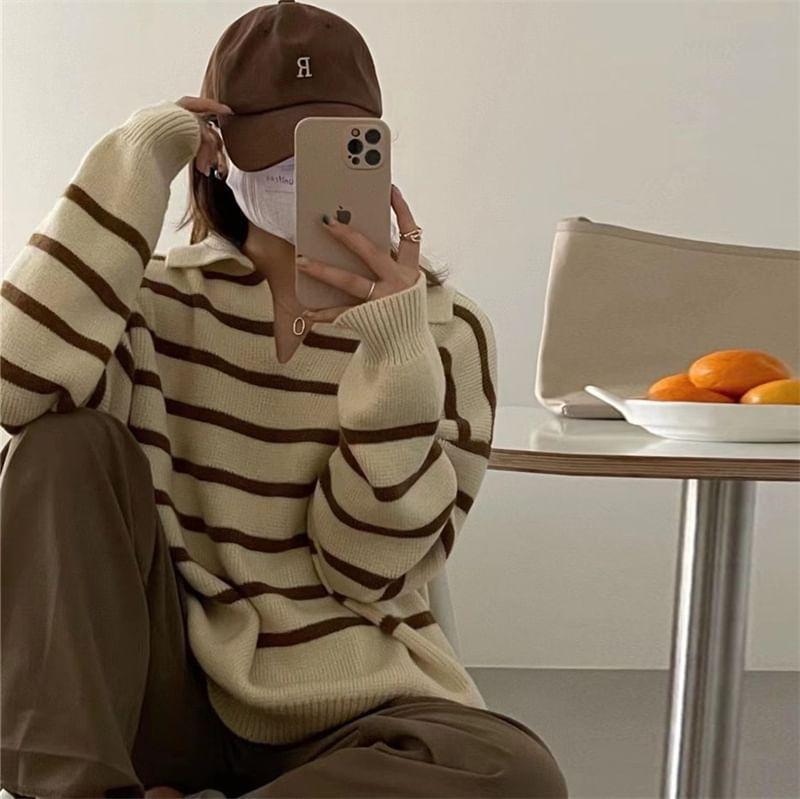 V-Neck Collared Striped Sweater Product Image