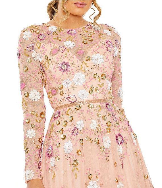 Mac Duggal Sequin Floral Crew Neck Long Sleeve Midi Dress Product Image