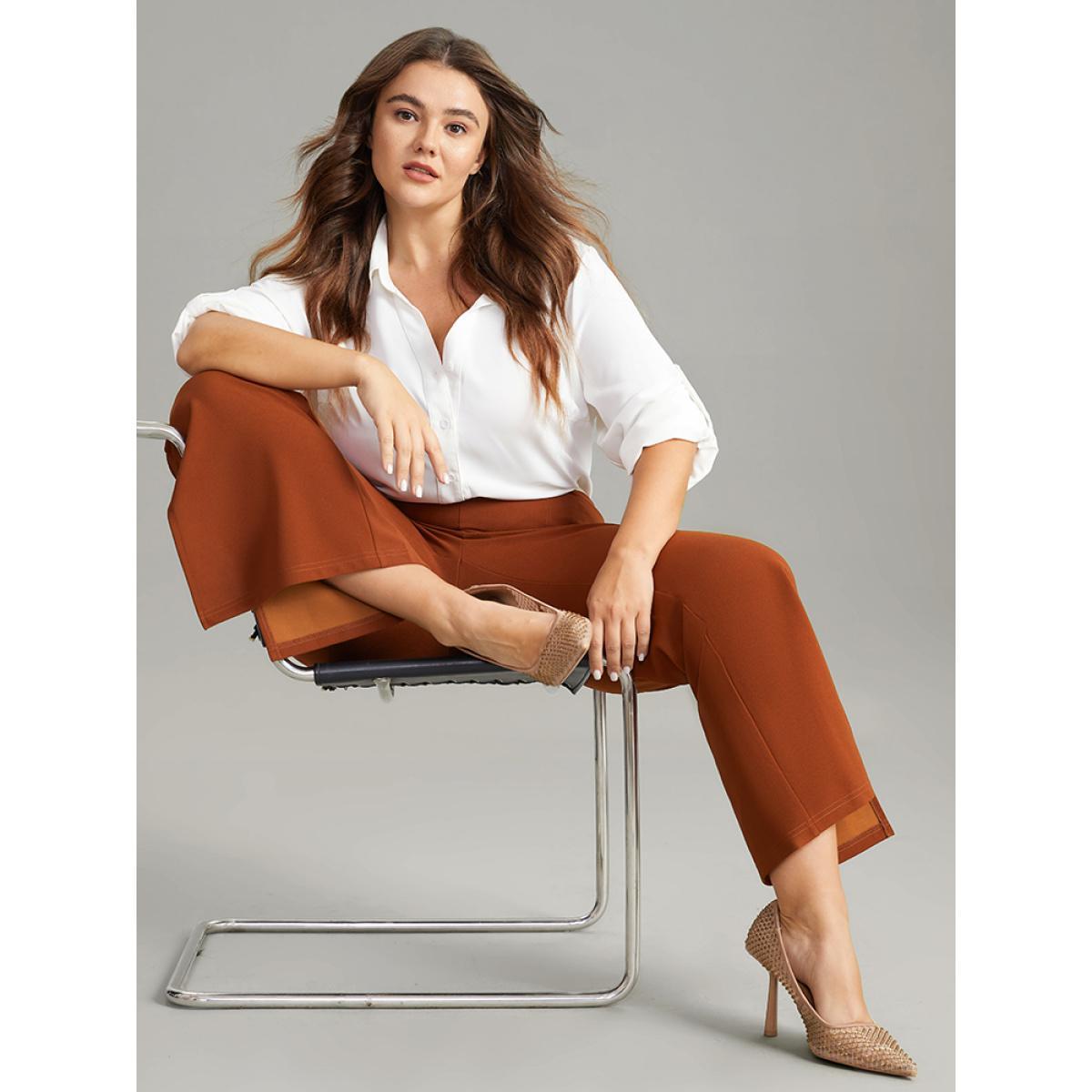 Plus Size Plain Split Side Pocket Pants Women Rust Elegant Flare Leg High Rise Dailywear Pants BloomChic 18-20/2X Product Image