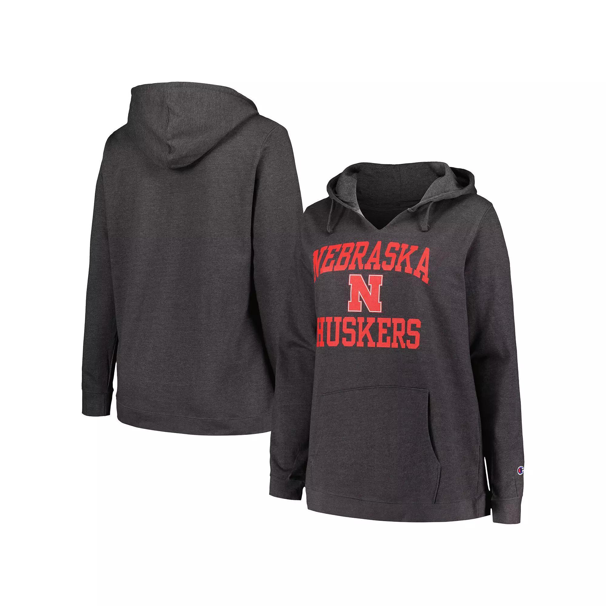 Women's Champion Heather Charcoal Nebraska Huskers Plus Size Heart & Soul Notch Neck Pullover, Size: 1XL Product Image