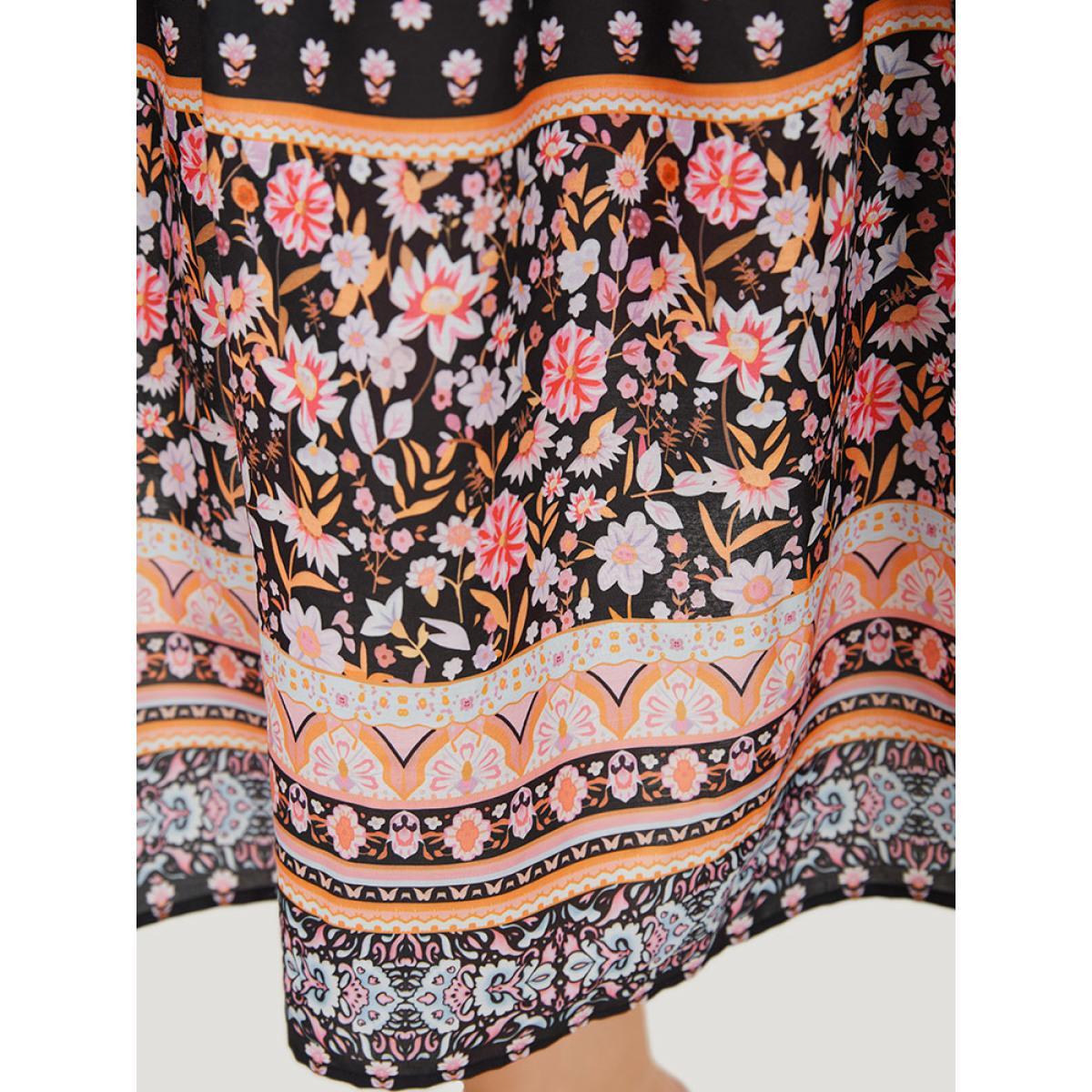 Plus Size Boho Print Contrast Gathered Pocket Ruffles Dress BlackFlower Women Vacation V-neck Short sleeve Curvy Midi Dress BloomChic 22-24/3X Product Image
