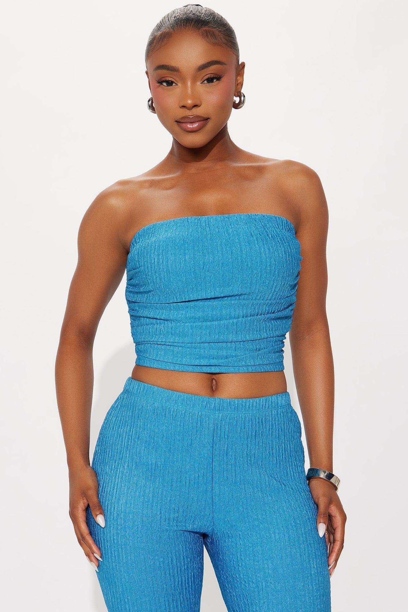 Sabrina Strapless Textured Pant Set - Blue Female Product Image