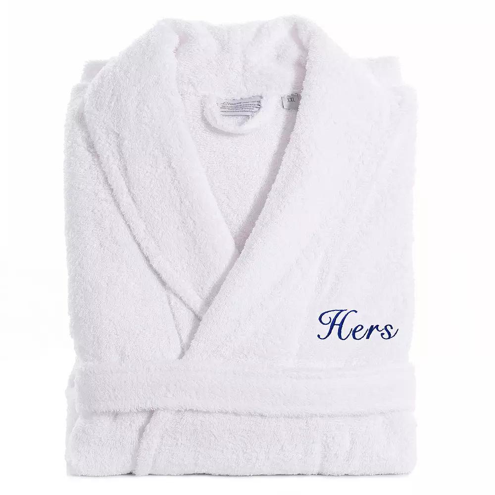 Womens Linum Home Textiles Turkish Cotton Embroidered Cursive Hers Terry Bathrobe Blue Product Image