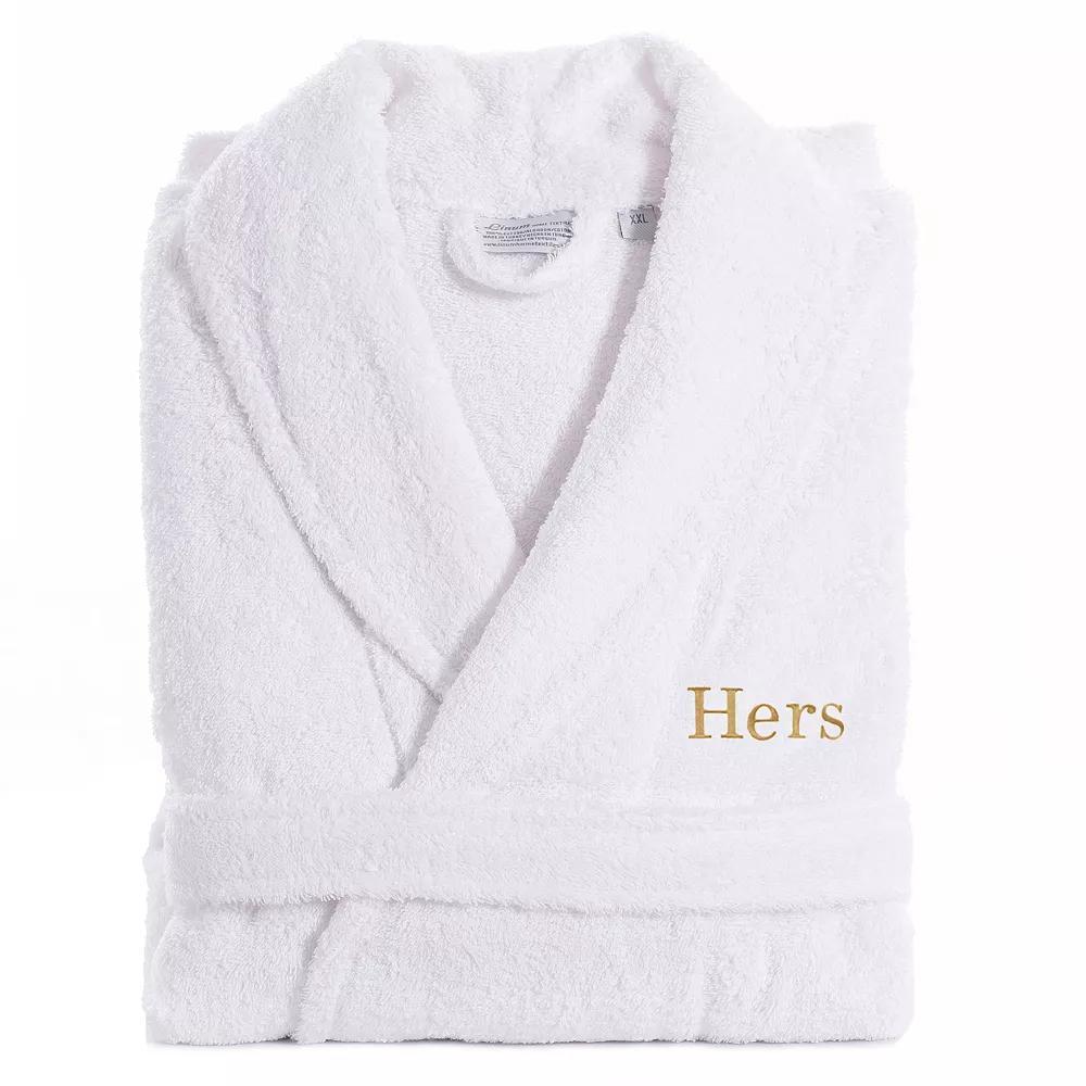 Women's Linum Home Textiles Turkish Cotton Embroidered Cursive ''Hers'' Terry Bathrobe, Size: Large/XS, Gold Product Image