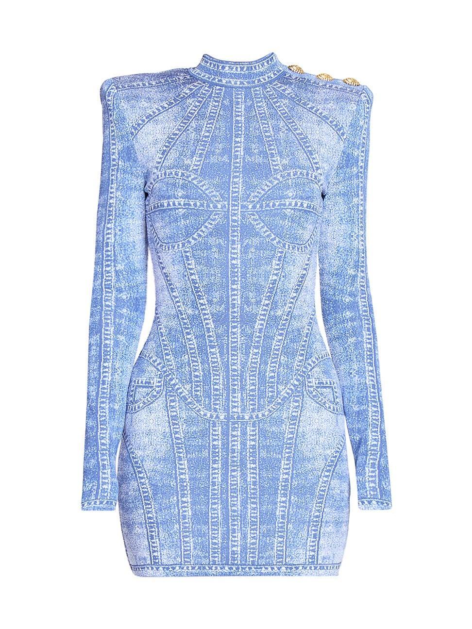 Womens Denim Trompe Loeil Long-Sleeve Body-Con Minidress Product Image