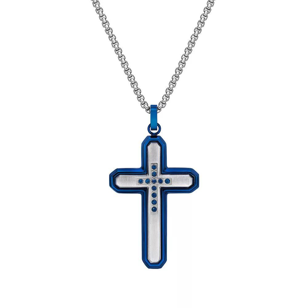 Men's LYNX Blue Stainless Steel Cubic Zirconia Cross Pendant Necklace, Size: 24", Two Tone Product Image