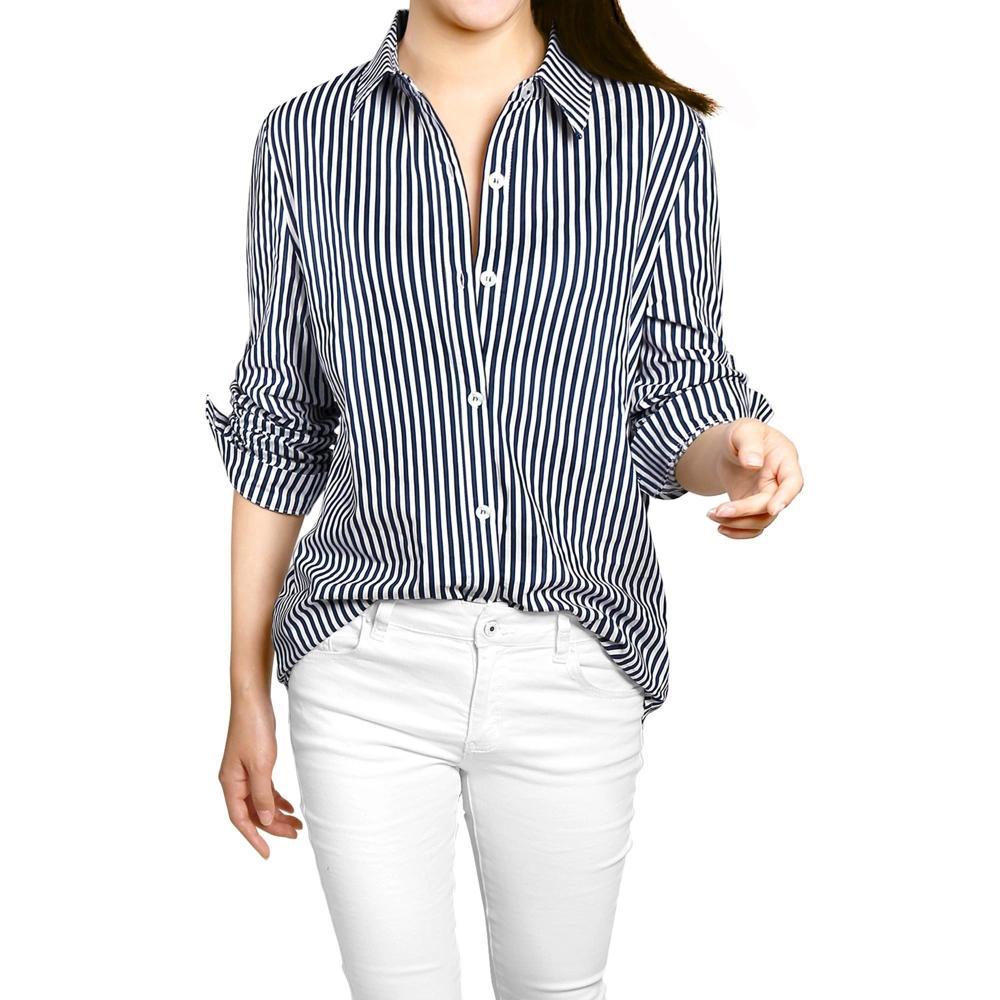 INSPIRE CHIC Women's Striped Button Down Roll-up Long Sleeves Point Collar Shirt Product Image